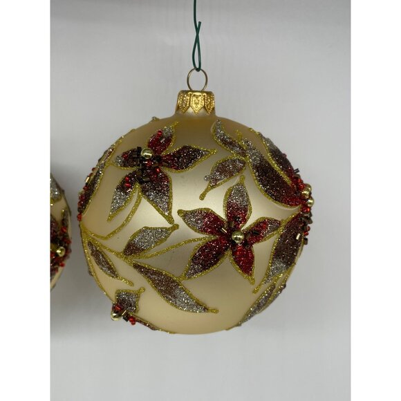 Vintage Kirkland Jeweled Poinsettia Glass Ornament Seed Beads Gliter Ball pair - Picture 3 of 13